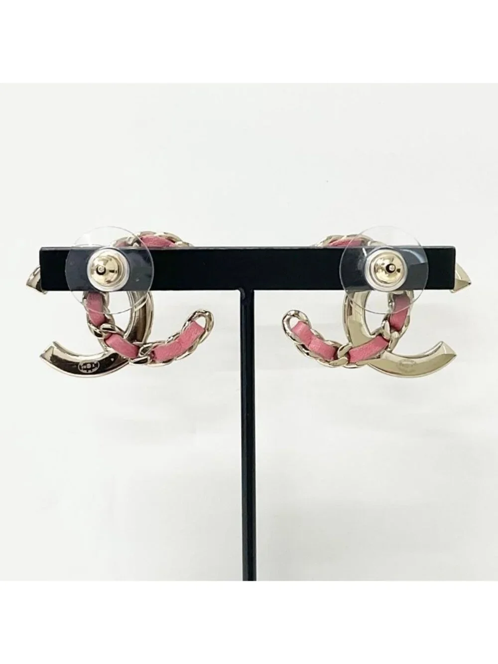 Chanel Earrings CC Logo Rhinestone Gold Pink
